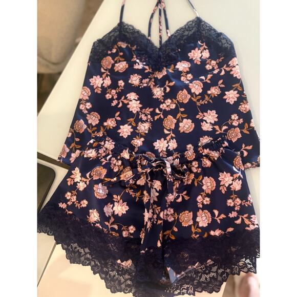 In Bloom by Jonquil Navy Floral Satin/Lace 2 Piece Pajama Set Size Small 4-6 - Picture 3 of 5